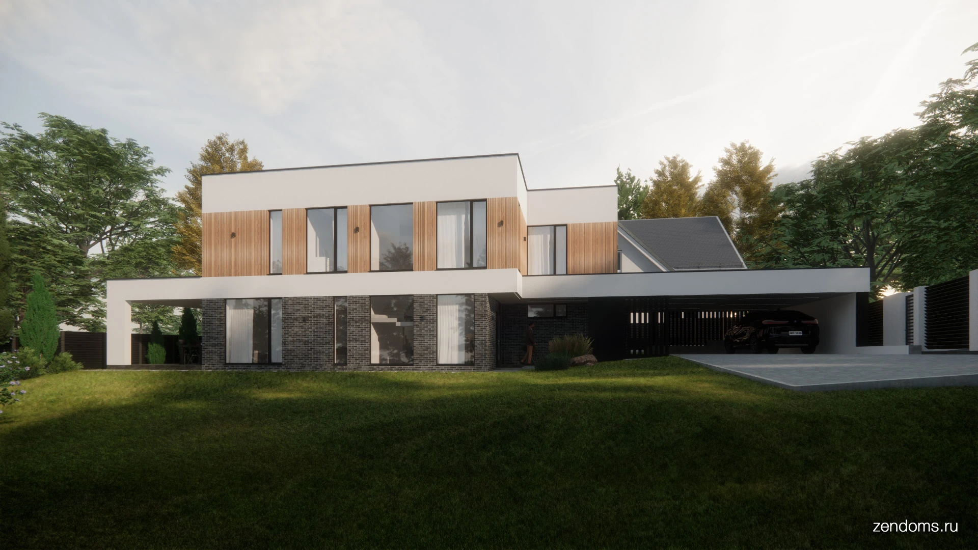 Проект дома 225 кв.м. с плоской крышей и навесом